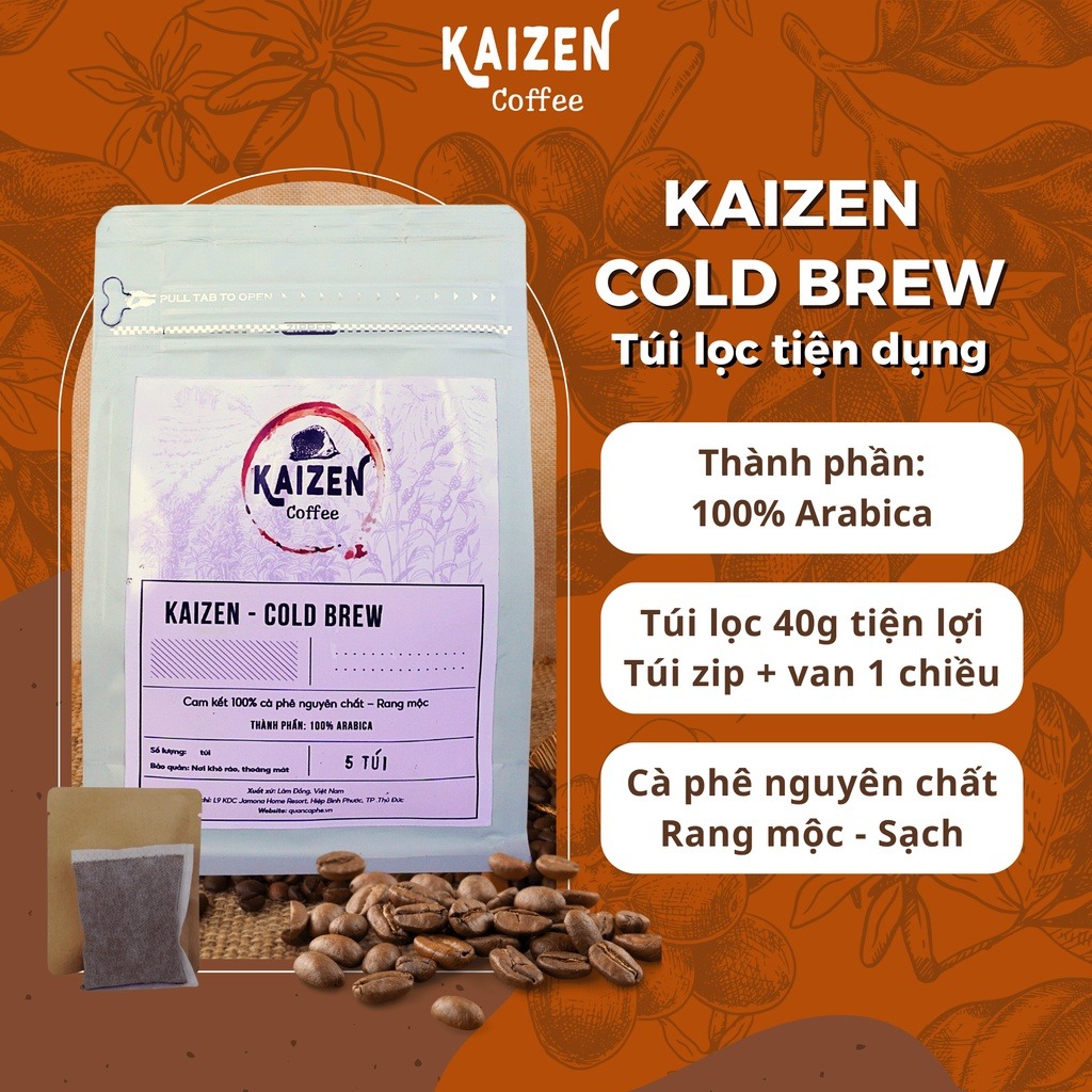 Cà phê Cold Brew túi lọc tiện lợi 40g/túi Arabica nguyên chất - Kaizen Coffee