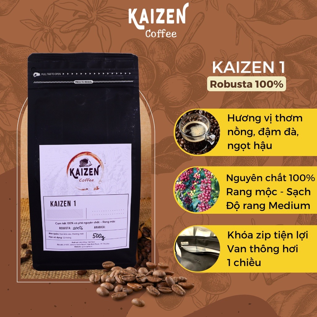 Cà phê KAIZEN 1, Robusta rang xay nguyên chất, dùng pha phin, pha máy - gu đậm, truyền thống