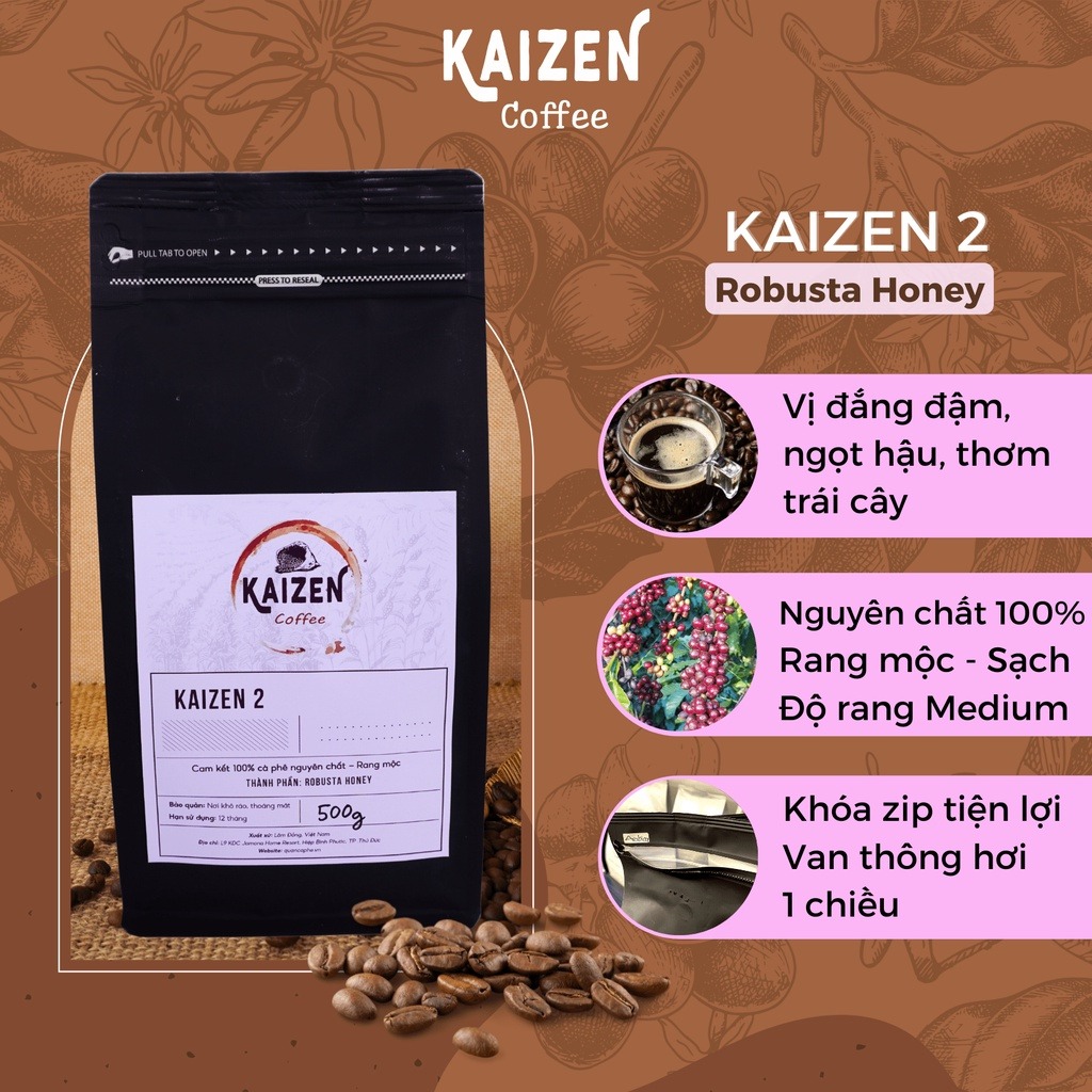 Cà phê KAIZEN 2, Robusta Honey rang xay nguyên chất, dùng pha phin, pha máy - gu đậm, hiện đại
