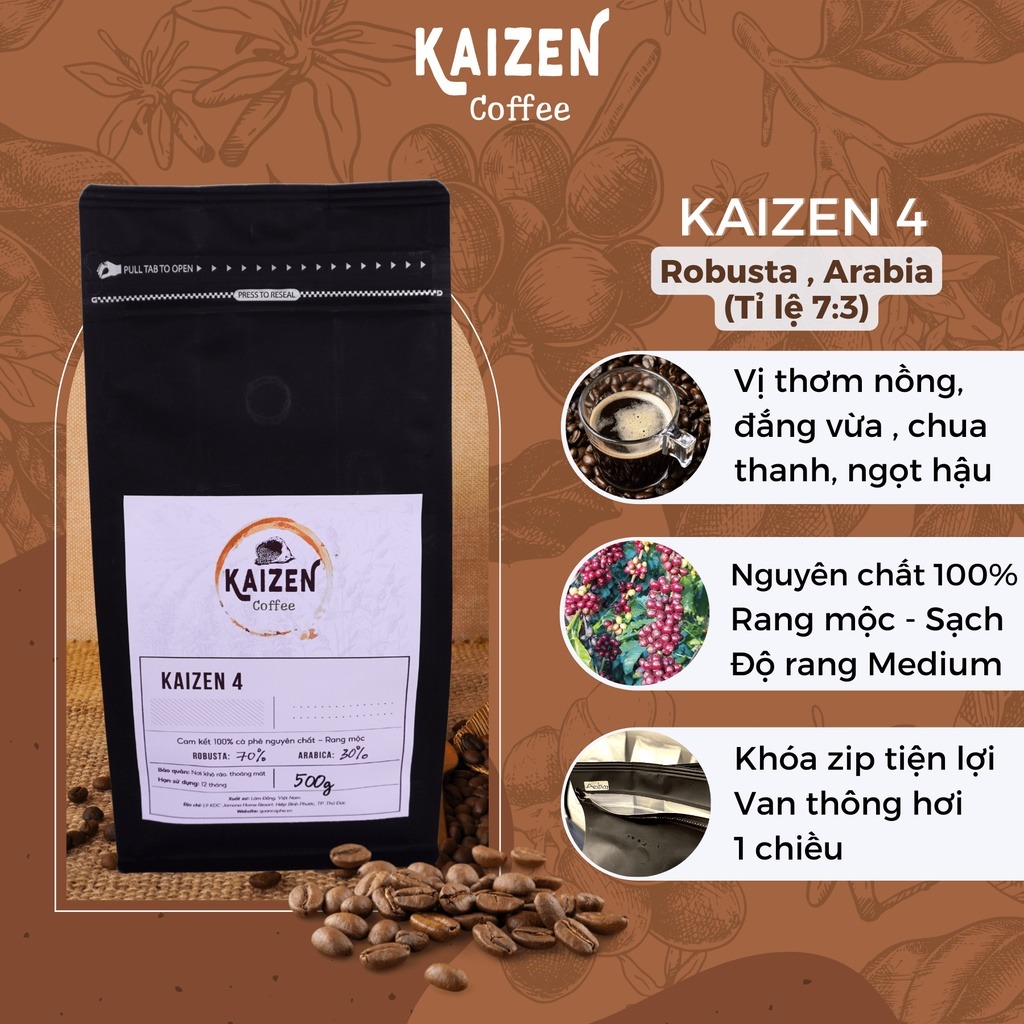Cà phê KAIZEN 4, Robusta Arabica tỉ lệ 7:3, rang xay nguyên chất, dùng pha phin, pha máy - gu đắng nhẹ, thích nhiều vị
