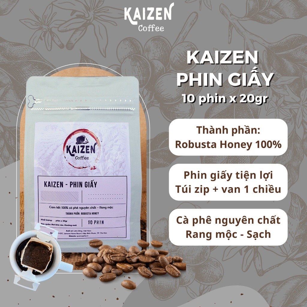 Cà phê Phin giấy tiện lợi - 10 phin giấy 20gr nguyên chất Kaizen Coffee